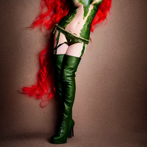 Prompt: Fully-clothed full-body portrait of Christina Hendricks as poison ivy, leather thigh-high boots, XF IQ4, 50mm, F1.4, studio lighting, professional, 8K