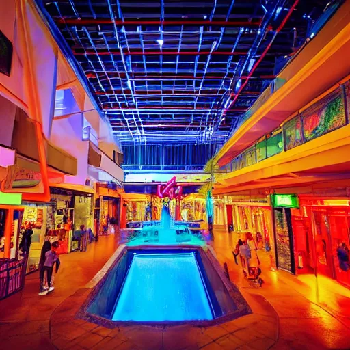 Image similar to A vast 80s shopping mall interior with an enormous water feature, water fountain, water falls, photo taken at night, neon pillars, large crowd, red brick