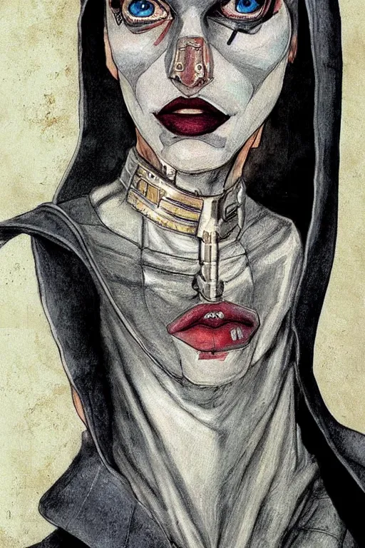 Image similar to portrait fashion model cyborg nun artwork by enki bilal