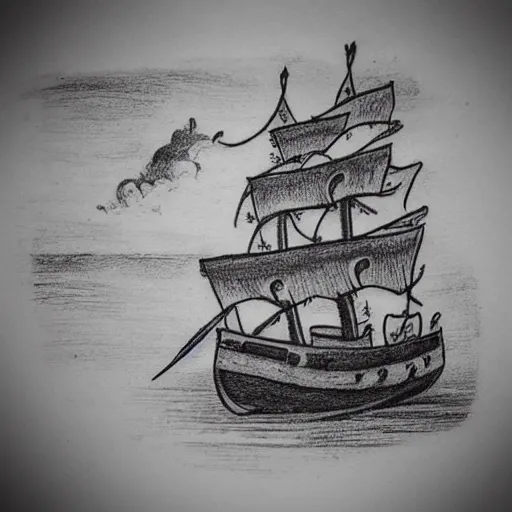 Image similar to pirate ship on a deserted island, realism tattoo drawing