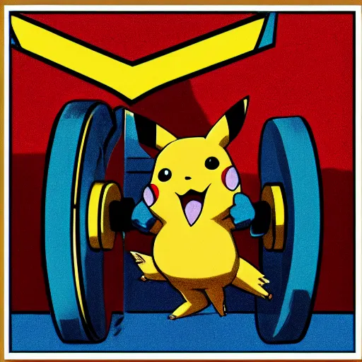 Image similar to pikachu as a muscular bodybuilder in the gym lifting weights, 5 0 mm, high quality lighting