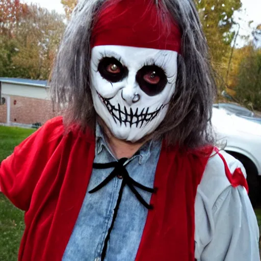 Image similar to Grandmother wearing a Jeff the Killer halloween outfit