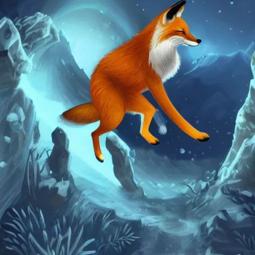 Image similar to a fox riding on an open tome flying through a fantasy cavern