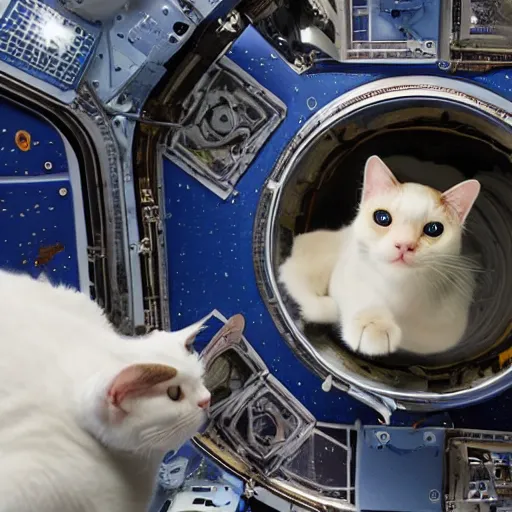 Image similar to Photo of a cat floating inside the ISS, realistic award-winning