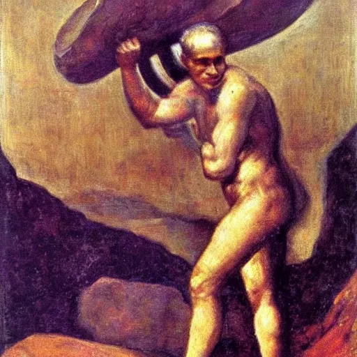 Image similar to a painting of benjamin netanyahu as sisyphus, by franz stuck