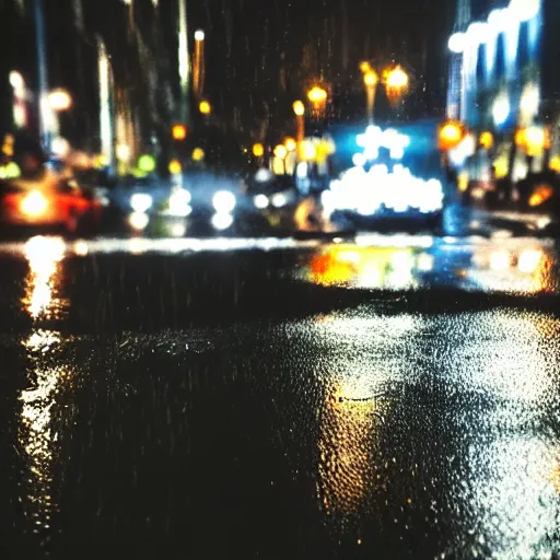 Prompt: zoomed in iphone photo rainy night in the city, reflections, car lights