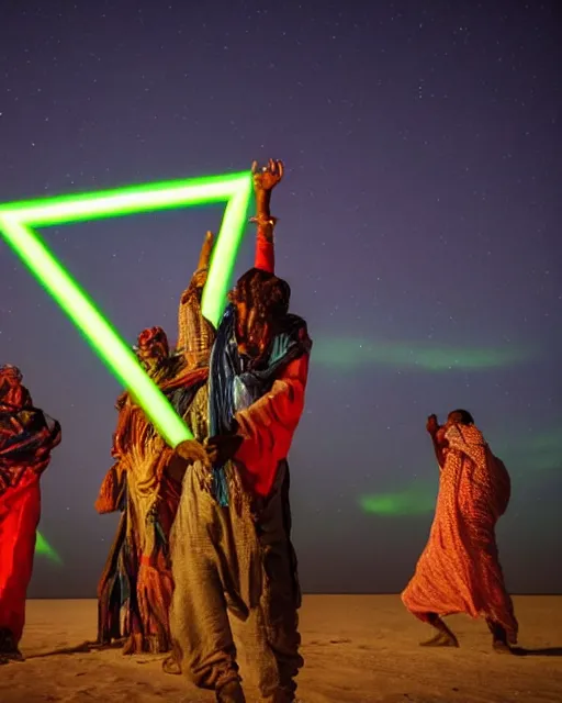 Image similar to Sahel Tuareg musicians dance party opens a fourth dimensional geometric laser neon portal to the north pole, aurora borealis emanates with opalescent light, surrealism, neo-romanticism, rule of thirds