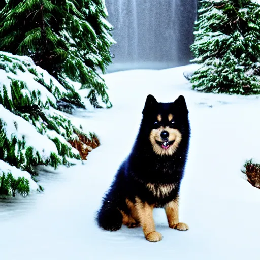 Image similar to happy finnish lapphund dog, black brown white fur, snow, trees, stream of water, pixar, disney, 4 k, animation