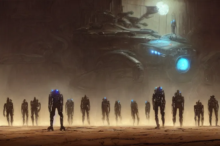 Image similar to ancient alien portral, a crowd of androids walking in a straight line along a path towards a portal, pilgrimage, in mad max style, stargate, coriolios rpg art style, full of details, dark sci - fi, cold blue colors, matte painting, artstation, 8 k, hyperrealistic, style of peter mohrbacher