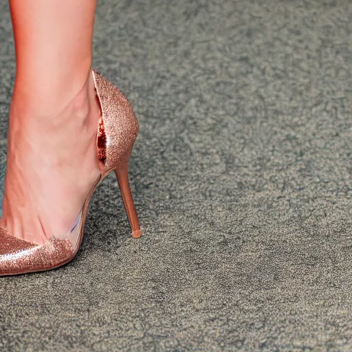 Prompt: close-up photo, 1/1000, taking off rose gold high heel, red carpet