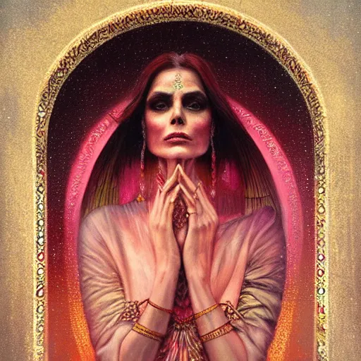 Prompt: old Indian majestic lady, looking upwards with hands clasped, despair, pink and gold, mystic, by Anato Finnstark, Tom Bagshaw, Brom