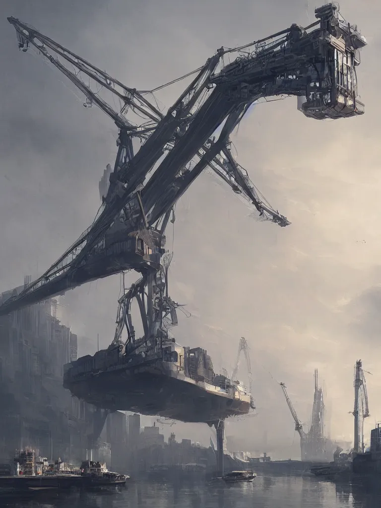 Prompt: a science fiction harbour, gigantic crane, james paick, trending on artstation