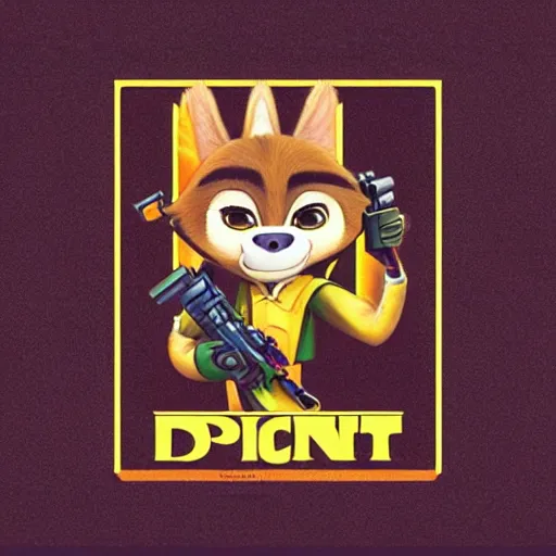 Image similar to “ logo of a upside down monkey in the style of zootopia holding laser gun, with a black background, digital art, award winning, trending on art station, retro style ”