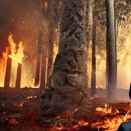 Prompt: Prime Minister Scott Morrison in front of a forest fire, not holding a hose, smoke, , cinematic, hyper realism, high detail, vivid colors, octane render, unreal engine, 8k, koala bear in tree