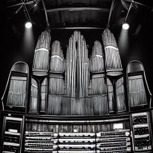 Image similar to pipe organ stereo system hybrid on a huge rock concert stage, spotlights, footnights, fog, style of michael okuda, vincent di fate, rongier, dramatic lighting, detailed, gothic, ornate, fisheye, bizarre, kafka