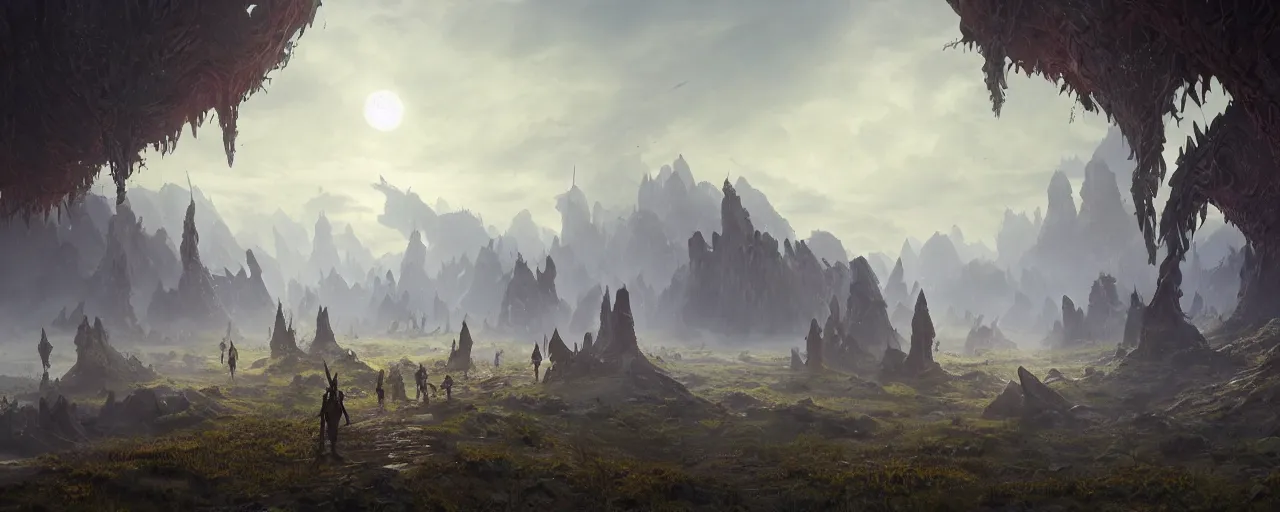 Image similar to mysterious fantasy kingdom of lost elves on another planet, [ cinematic, detailed, epic, widescreen, opening, establishing, mattepainting, photorealistic, 4 k, octane render, art by greg rutkowski ]