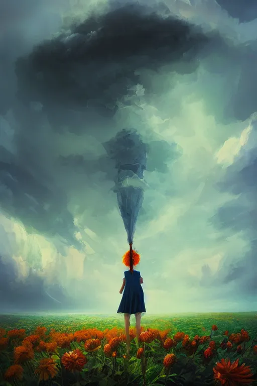 Image similar to closeup giant dahlia flower under head, girl standing on mountain, surreal photography, blue storm clouds, dramatic light, impressionist painting, digital painting, artstation, simon stalenhag