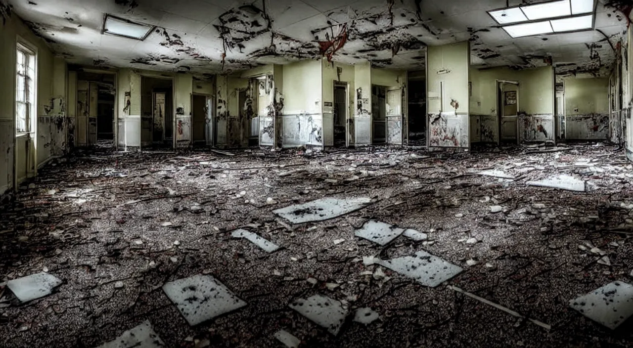 Image similar to photograph of the inside of a rotting abandoned hospital with a checkered floor, crime scene, horror, joe biden barely in view in the corner with a demonic grin on his face