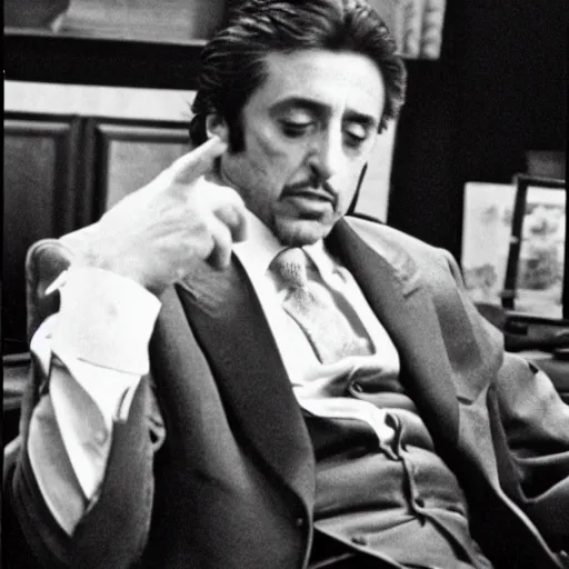 Image similar to al pacino in the godfather seated at his desk