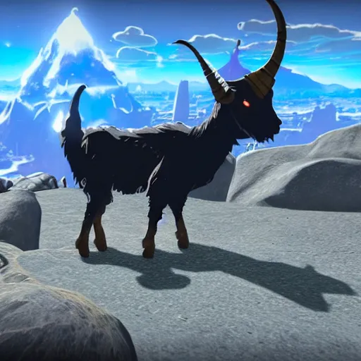 Image similar to a humanoid black goat wizard in breath of the wild, screenshot