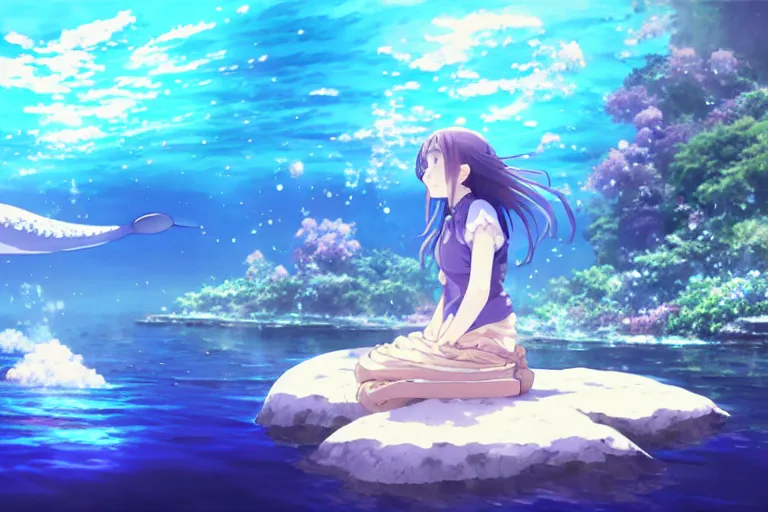 Image similar to a panorama distant view under the water, underwater world, anime art full body portrait character concept art, hyper detailed cg rendering of a cute girl and whale, anime key visual of violet evergarden, finely detailed perfect face, style of raphael lacoste, makoto shinkai, violet evergarden, studio ghibli, james jean, hayao miyazaki, extremely high quality artwork