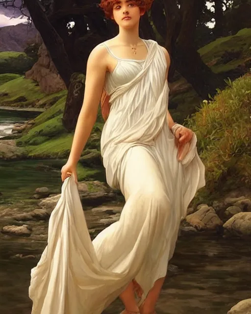 Prompt: a greek goddesses near river, oil on canvas, artstation, by j. c. leyendecker and edmund blair leighton and charlie bowater, beautiful face, octane, very aesthetic!!!!!!!!!!!!!!!