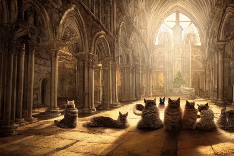 Image similar to concept art of ancient cathedral of forgotten cat people, ritual, many cats national geographic, high fantasy, strong perspective, sacred perfect lighting,