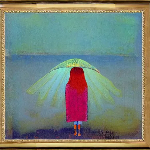 Image similar to glitch girl and very very tall monster wrapped in a blanket looks into the distance on the beach, in the rain, style by odilon redon, atmospheric