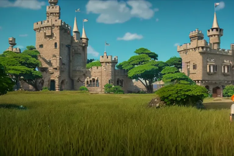 Prompt: game trailer of a semi realistic first person studio ghibli, pixar and disney animation, sharp, shooter game trailer on victorian castle, castle landscape, cinematic lighting, ray tracing, unreal engine 5, photorealistic