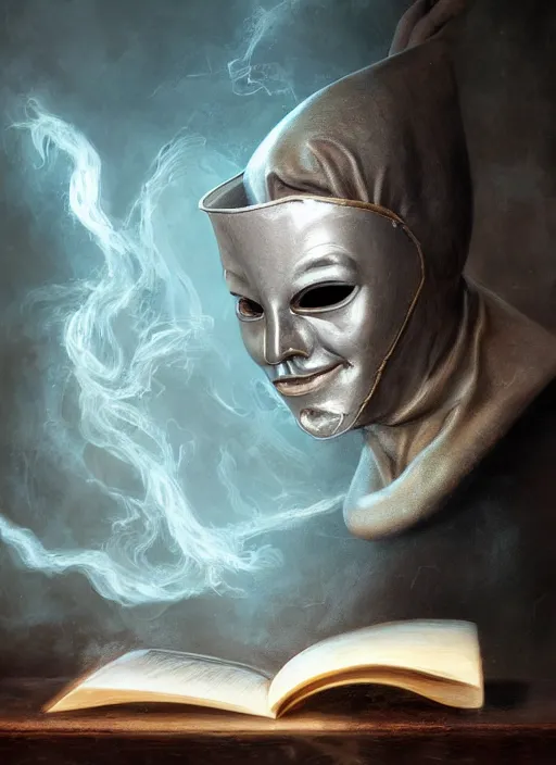 Image similar to Magic Floating Thespian Mask reading a book, no body, bodyless, Ivan Aivakovsky, Boris Vallejo, epic fantasy character art, D&D Concept Art, full length, Realistic, Regal, Refined, Detailed Digital Art, Oil Paining, Exquisite detail, post-processing, masterpiece, Cinematic Lighting, Unreal Engine, 8k, HD, Stanley Artgerm Lau, WLOP, Rossdraws, Frank Frazetta, Andrei Riabovitchev, Marc Simonetti, trending on artstation