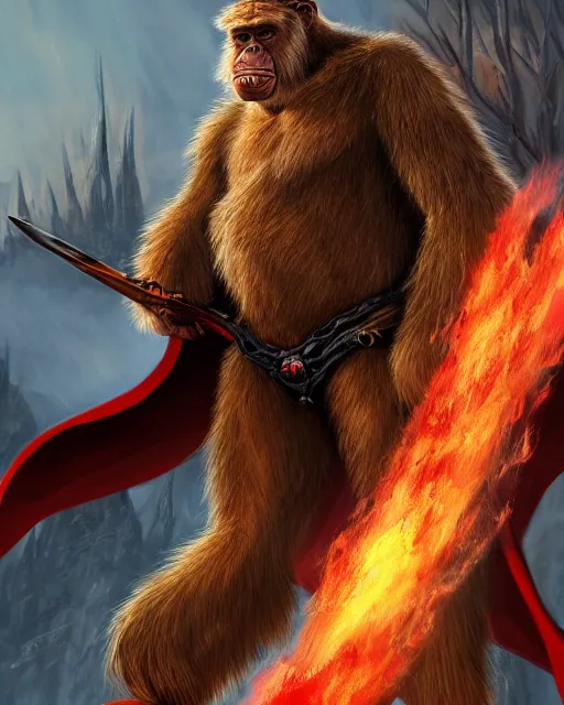 Image similar to fury art, an anthro ape wearing a large cape and a fantasy armor, fire, ice, fiery background, 3 d, 8 k, extremely detailed, trending on furaffinity, trending on artstation, award winning, sharp focus, illustration