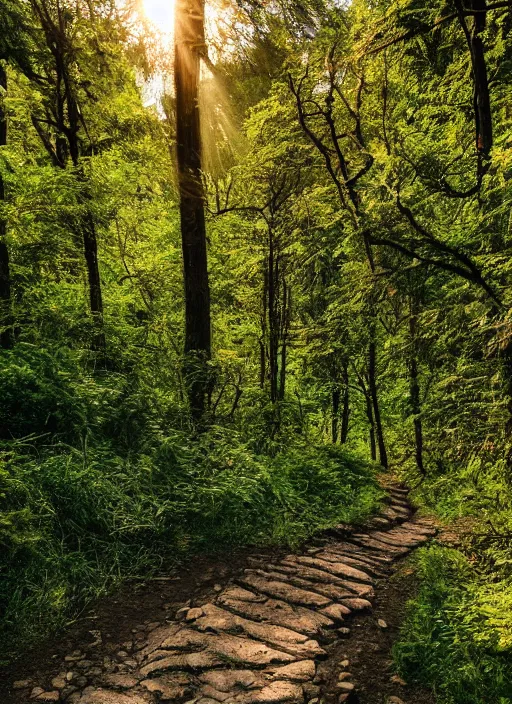 Prompt: a 2 8 mm macro photo of a winding hiking trail in the mountains, fluffy clouds at sunset, lush greenery, splash art, movie still, bokeh, canon 5 0 mm, cinematic lighting, dramatic, film, photography, golden hour, depth of field, award - winning, anamorphic lens flare, 8 k, hyper detailed, 3 5 mm film grain, hazy