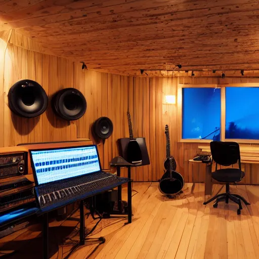 Image similar to super cool and cozy music studio at night cottagecore interior