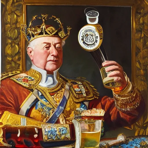 Prompt: A detailed oil painting of a majestic emperor toasting with a large beer mug made of crystal engraved with a large coat of arms by John Parrot and Robert Lefevre