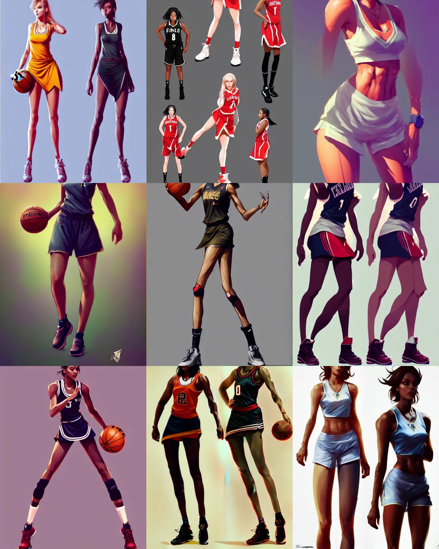Prompt: full body character concept art of a gorgeous stylish female basketball player | | distinct - fine, key visual, realistic shaded perfect face, fine details by stanley artgerm lau, wlop, rossdraws, james jean, andrei riabovitchev, marc simonetti, sakimichan, and jakub rebelka, trending on artstation