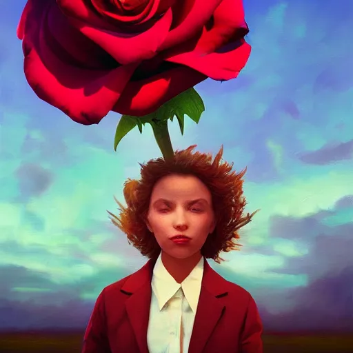 Prompt: closeup, giant rose flower head, portrait, girl in a suit, surreal photography, sunrise, blue sky, dramatic light, impressionist painting, digital painting, artstation, simon stalenhag