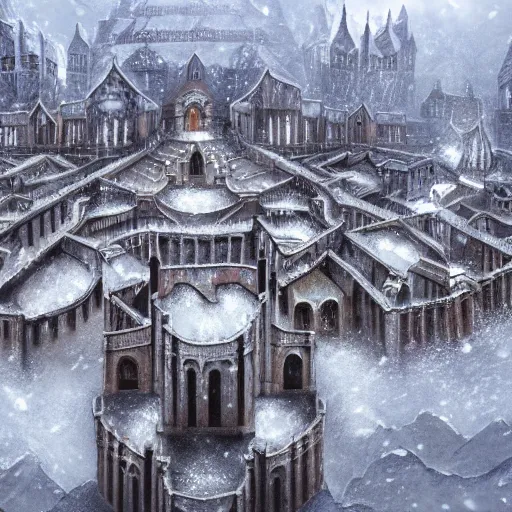 Prompt: fantasy concept art, walled city abut to a labyrinth, snowy weather, 8k, high detail