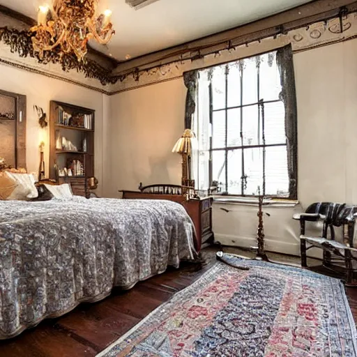 Image similar to a late 19th century London at night themed bedroom, cobblestone floors