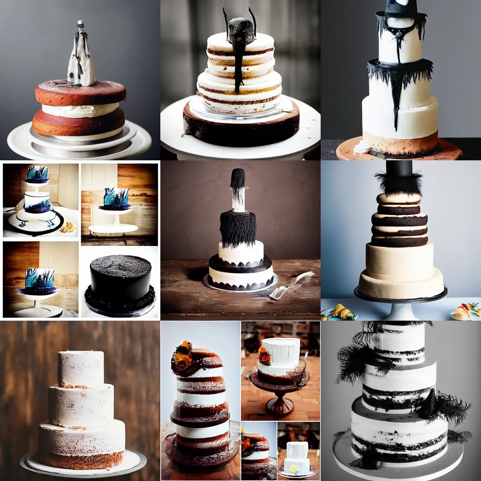 Prompt: “babadook wedding cake, food photography, studio”