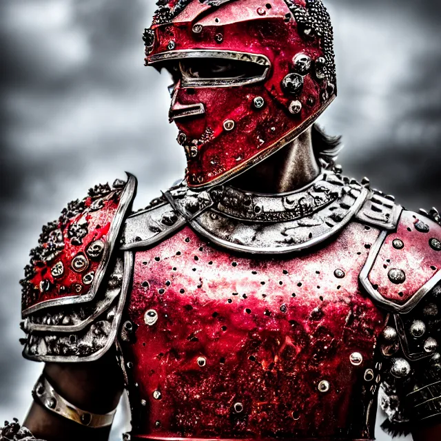 Image similar to photo of a warrior with ruby encrusted armour highly detailed 8 k hdr smooth sharp focus high resolution award - winning photo dslr 5 0 mm