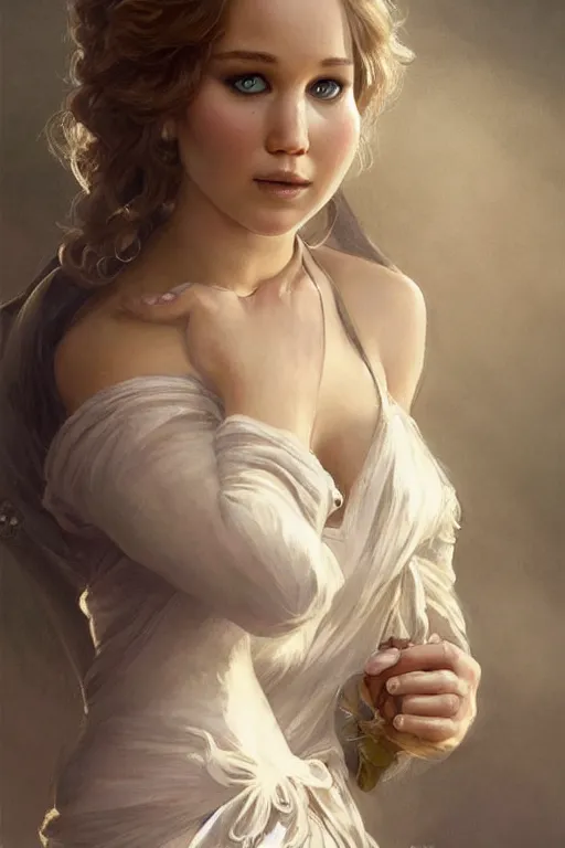 Prompt: portrait of jennifer lawrence as a dainty maid, half body, d & d, fantasy, intricate, elegant, highly detailed, digital painting, artstation, concept art, art by artgerm and greg rutkowski and alphonse mucha