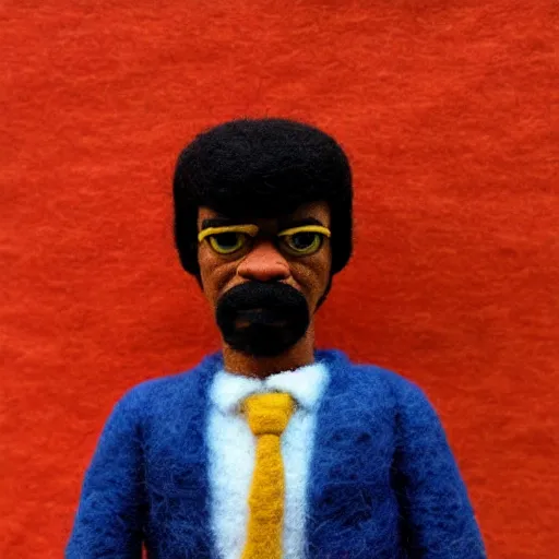 Image similar to needle felted Samuel L Jackson as Jules in Pulp Fiction (1994), highly detailed, tilt shift, cool, hyperrealism, highly textured, god rays