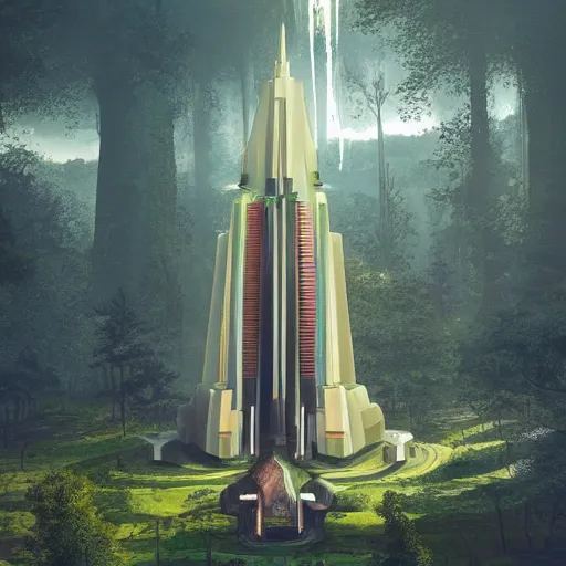 Image similar to futuristic temple tower between green hills with big trees, multiple planets, dramatic lighting, artstation, matte painting, raphael lacoste, simon stalenhag, frank lloyd wright