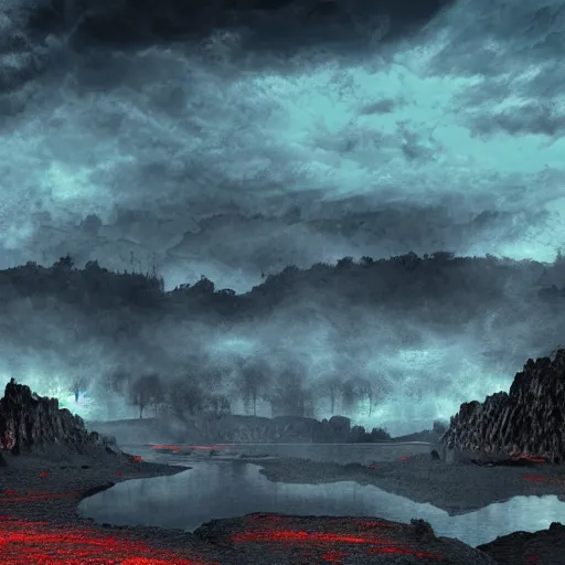 Prompt: wide open landscape in hell, river styx, lava, ruins, fortresses, dark sky, hellscape, digital art