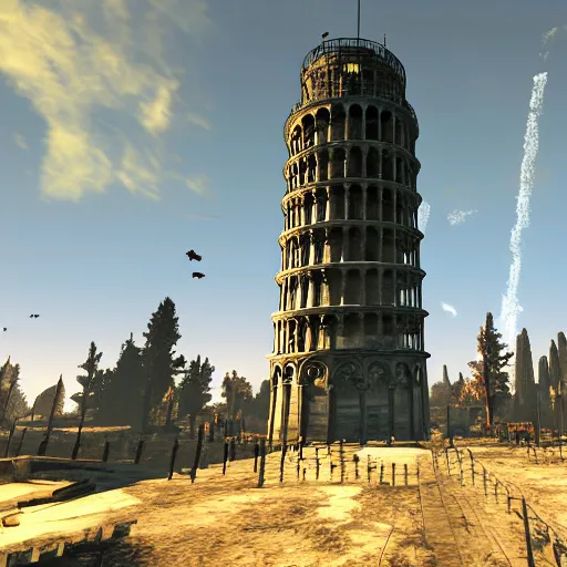 Prompt: Tower of Pisa destroyed post-nuclear war in Fallout 4, in game screenshot