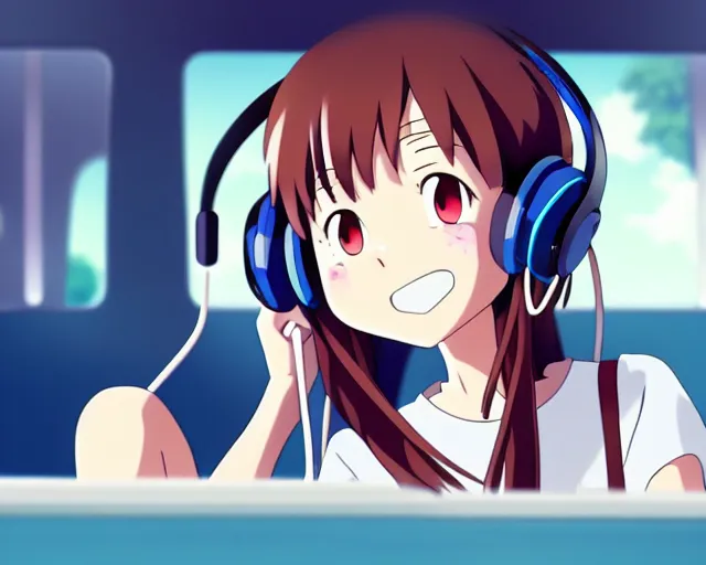 Prompt: anime fine details portrait of joyful girl in headphones in school bus, bokeh. anime masterpiece by Studio Ghibli. 8k render, sharp high quality anime illustration in style of Ghibli, artstation