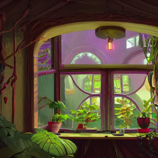 Prompt: concept art painting of a interior of a cozy alien fantasy cottage, circular windows, with black vines and magenta houseplants, realistic, detailed, cel shaded, dark, in the style of makoto shinkai and greg rutkowski and james gurney