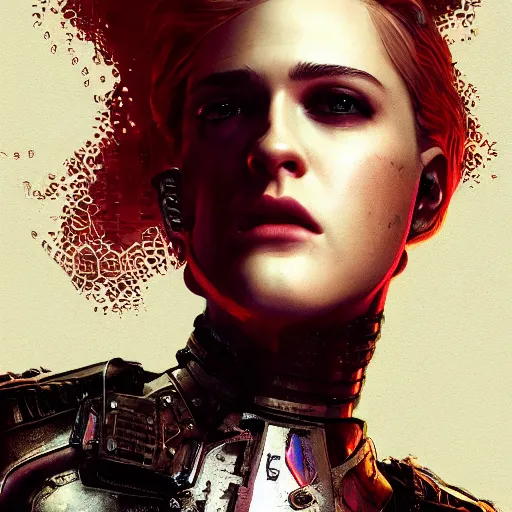 Prompt: evan rachel wood portrait, dystopia core, apocalyptic, armor, warrior, dramatic, sharp focus, fiction, neon, fantasy, hyper detailed, digital art, trending in artstation, cinematic lighting, studio quality, smooth render, unreal engine 5 rendered, octane rendered, art style and nixeu and wlop and krenz cushart