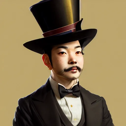 Image similar to side portrait painting of a cute shiba inu gentleman with top hat, ultra realistic, concept art, intricate details, eerie, highly detailed, photorealistic, octane render, 8 k, unreal engine. art by artgerm and greg rutkowski and charlie bowater and magali villeneuve and alphonse mucha