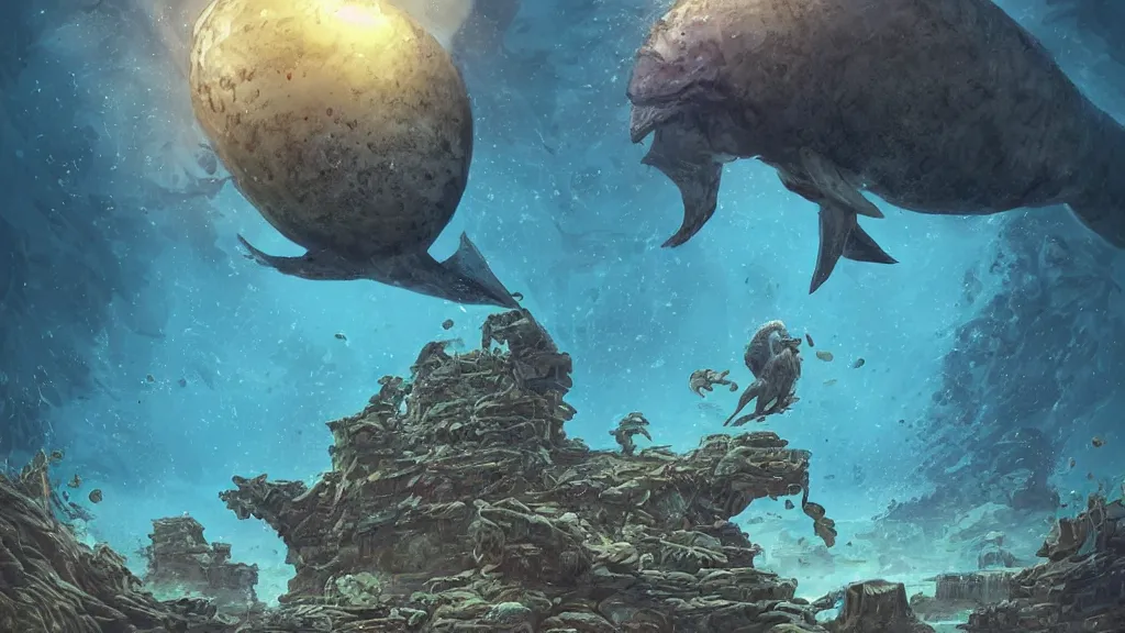 Image similar to An diver is under the sea, he has a big egg with him, he is swimming away from the giant Leviathan that is behind hunting him, the Leavithan is evil, this is an extravagant planet with wacky wildlife and some mythical animals, the background is full of ancient ruins, the ambient is dark with a terrifying atmosphere, by Jordan Grimmer digital art, trending on Artstation,